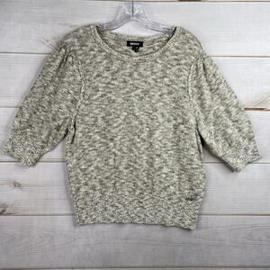 DKNY Sweater Top XL Green Heather Cable Knit 3/4 Sleeve Pullover Cotton Blend